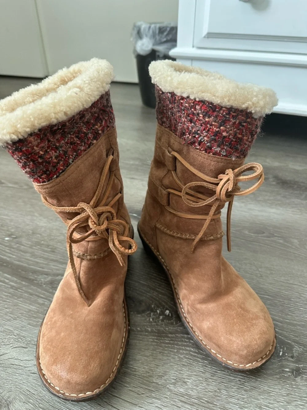 UGG Chestnut Suede Shearling Cuff Lace-Up Ankle Boots